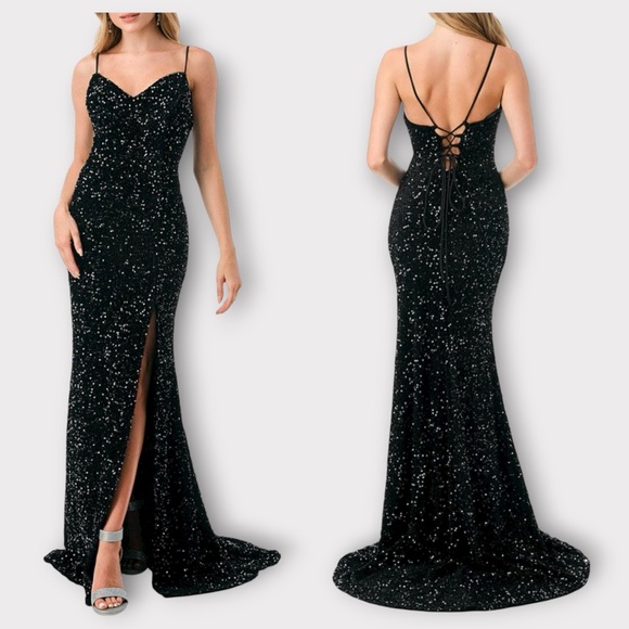 Dresses & Skirts - FULLY SEQUINED black maxi dress w/ lace up back & train size 2 formal black tie